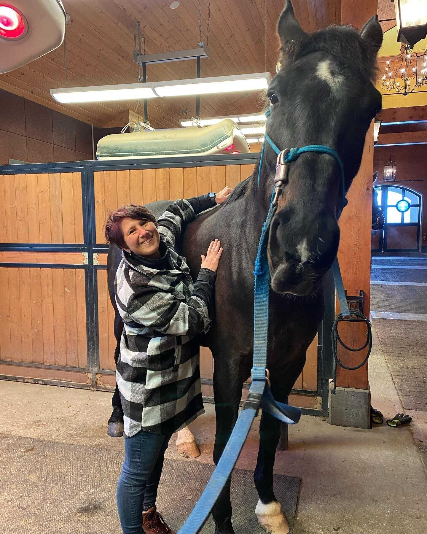 Practitioner with a black horse in a stable, smiling during a session